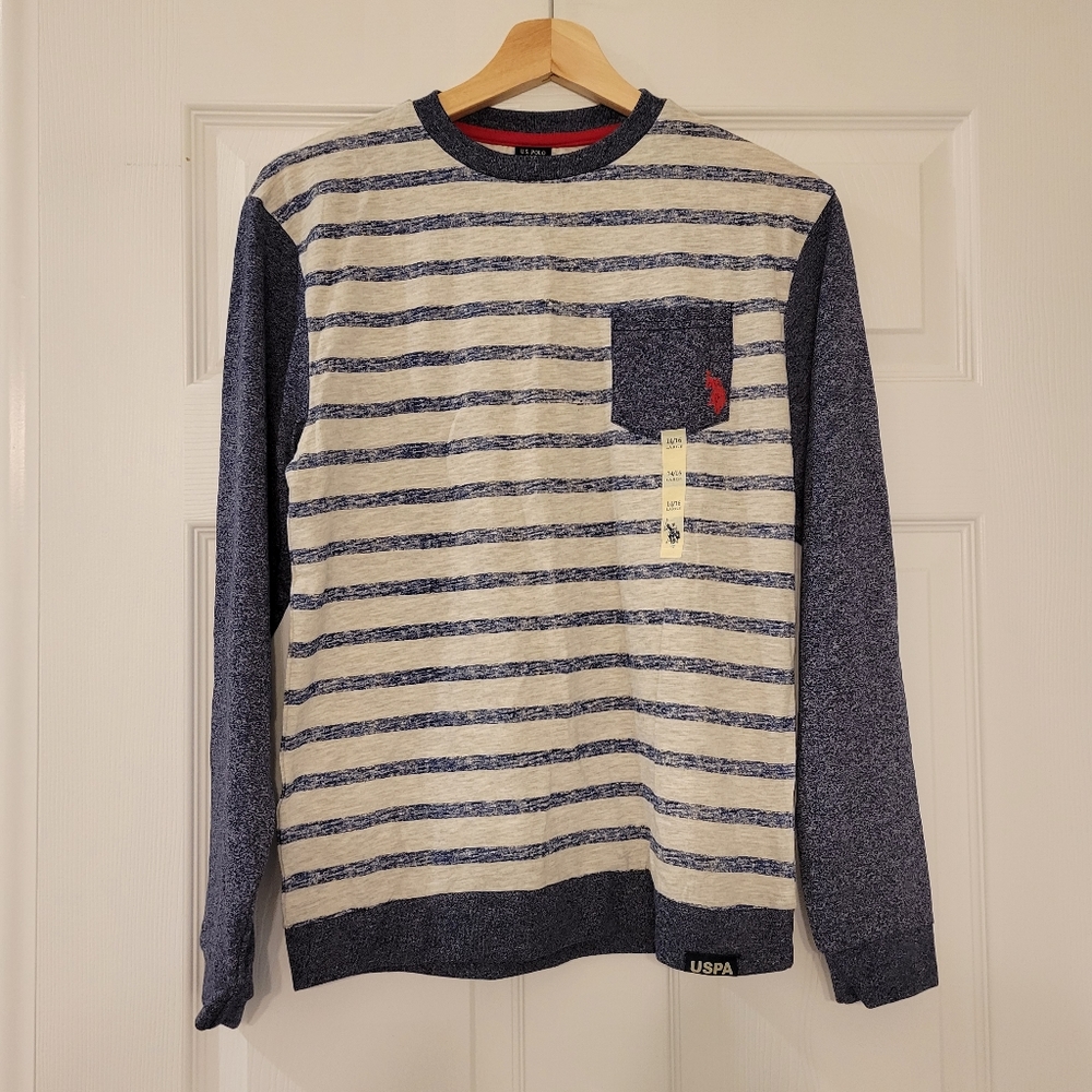 NWT US Polo Assn Boys Blue Striped Long Sleeve Shirt, Size L (14/16)